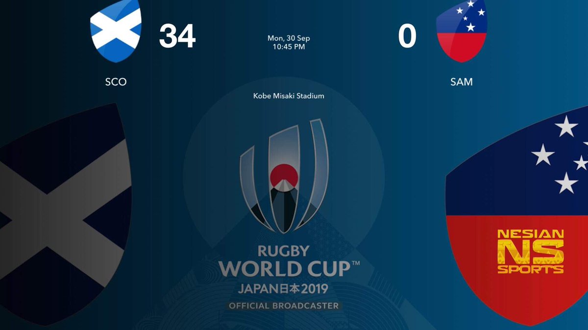 SamoaRugby's tweet photo. FT: SAMOA 0 - 34 Scotland #RWC2019 #SCOvSAM #GoManu #SamoaRugby #NesianSports @Scotlandteam https://t.co/XUurXGgvoW