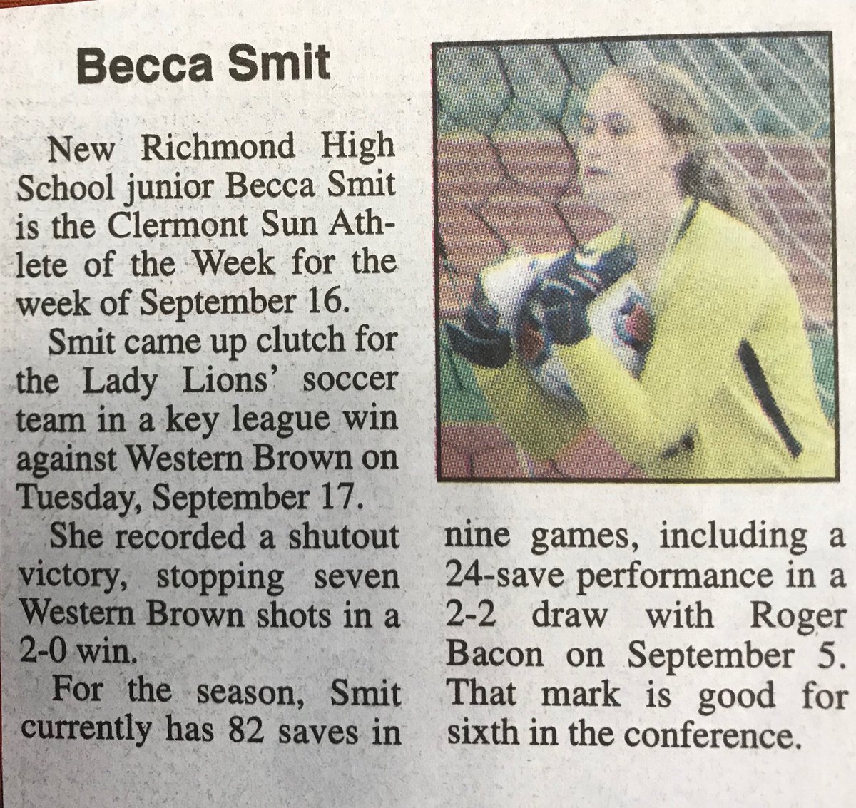 CONGRATULATIONS to Becca Smit who was named Clermont Sun Athlete of the week for the week of Sept. 16th.