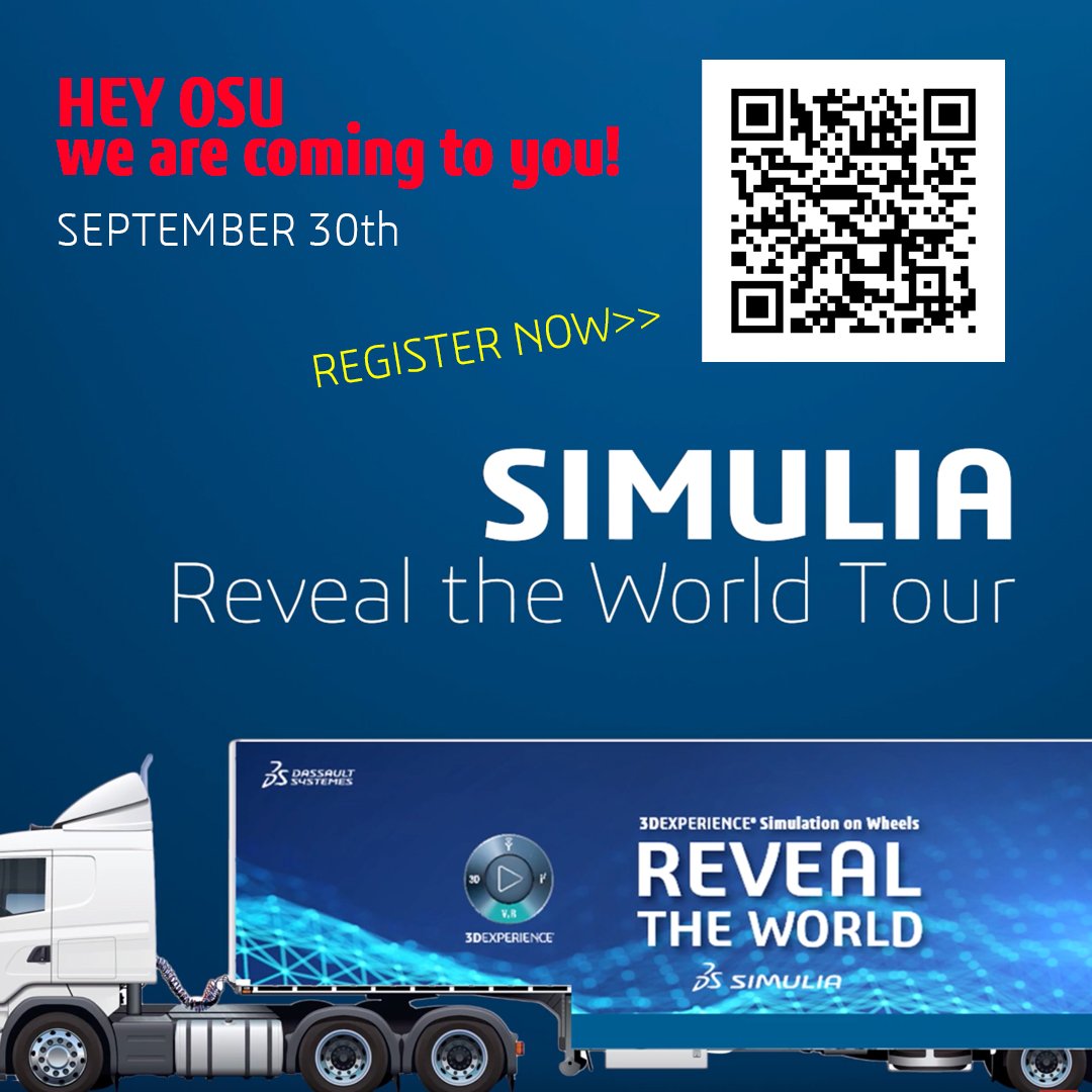 3DS_SIMULIA's tweet photo. Calling all #Buckeyes... the SIMULIA #revealtheworldtour is @OhioState today from 10-3 at CAR - come see our amazing mobile, showroom of interactive #engineering #simulations #joinus #ohiostate #buckeyes #ohiostatebuckeyes #eedevents #myohiostate #hsosu https://t.co/u7CHeP8QRb