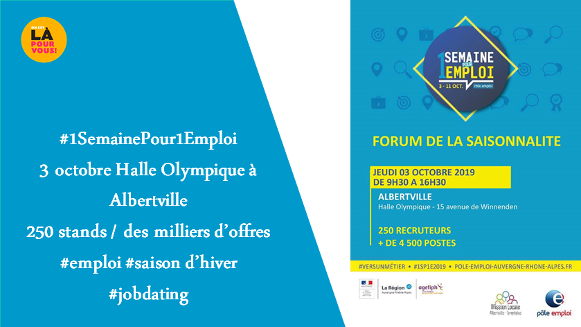 RenaudCharlesFT's tweet photo. [#1SP1E2019] Le rdv incontournable de l'#emploi saisonnier approche. Ce sera le 3 octobre à @halle_olympique à @Albertville_fr 
📍de l'#emploi direct avec 150 enseignes
📍des organismes de #formation 
📍de l'#altenance avec @GEIQtourisme 
📍des services #CVvidéo #mobilité... https://t.co/mGT4UkATLh