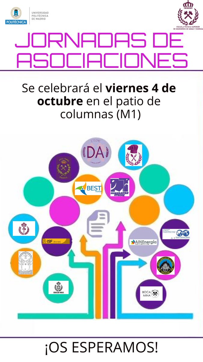 Este viernes 4 de octubre tendrá lugar la Jornada de Asociaciones en el Patio de Columnas del M1 a las 12:30. No os perdáis la oportunidad de conocer la vida social de la escuela!! <a href="/minasenergiaupm/">minasenergiaupm</a> <a href="/CDportivoMinas/">Club Deportivo Minas</a> <a href="/Mineratro/">Teatro Minas</a> <a href="/RolMinas/">Minas de Moria</a> <a href="/La_UPM/">Universidad Politécnica de Madrid</a> #familiaMinera #nosoloingenieria