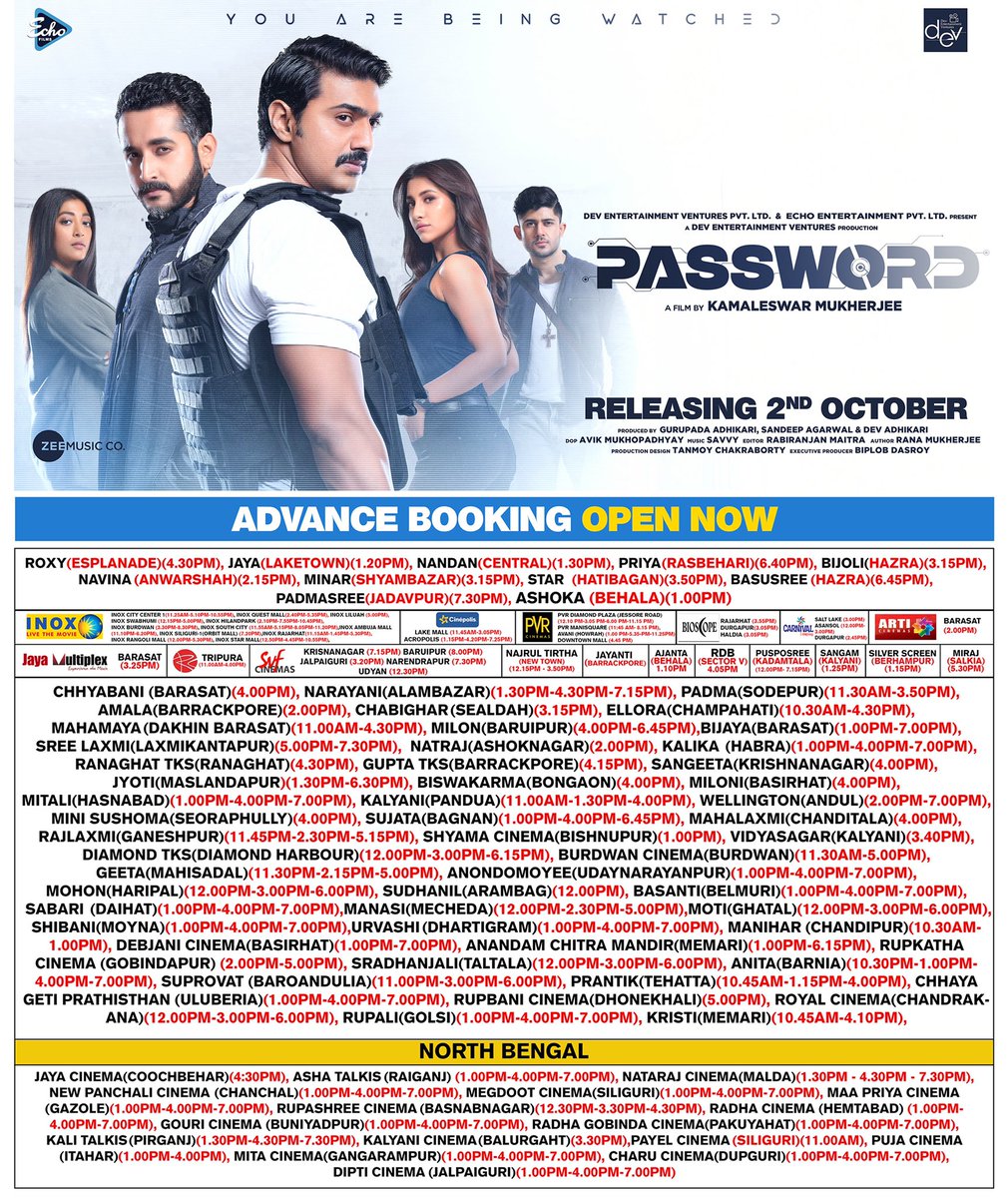 idevadhikari's tweet photo. Here is the Hall List of Password. Unlock the Biggest Bengali Cyber Crime Thriller at your nearest cinema halls on 2nd October 2019.

Book Your Tickets Now 👉 https://t.co/8QaBGgAImB

#PasswordThisPuja #Releasing2ndOctober #YouAreBeingWatched https://t.co/scAIjh9Etl