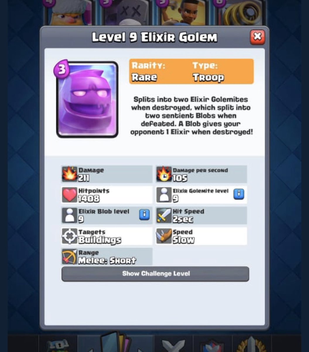 NEWS: Supercell accidentally leaked new card, Elixir Golem. Here are tourney standard stats.

He’ll split into a total of 7 bodies. His total health is similar to a Golem, but for 3 elixir. Of course, you give back 4 elixir to your opponent upon the blob deaths.