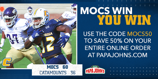 GoMocs's tweet photo. A 60-point performance earned @GoMocsFB the Homecoming win, and when the Mocs win, you win! Today only, you can save 50% on your Papa John's online order! 

#GoMocs https://t.co/iS2KExV5dk