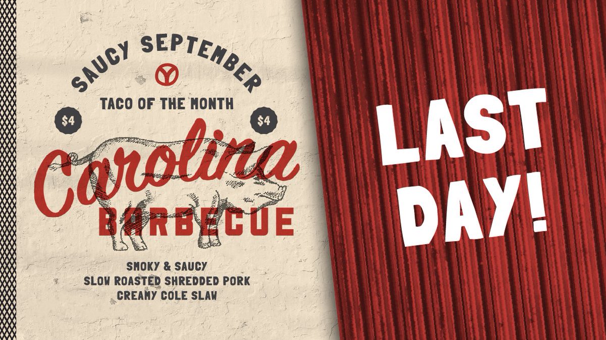😱LAST DAY?!🥺

Yep, today is the last day to get our 🐖 🌮Carolina BBQ taco 🐽🌮
