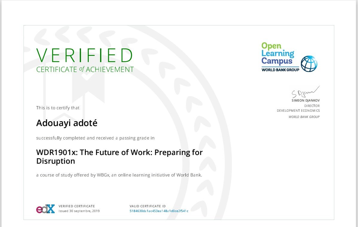Adote_Adouayi's tweet photo. I just earned my certificate for the course : "The future of work : preparing for disruption" offered by the World Bank Group via @edXOnline! 
Check it out:  https://t.co/qAqDRXRCza . 
The coming days are promising; stay tuned! 

#smart_edu #humancapital #investinpeople #Africa https://t.co/MrMAYbHdPj