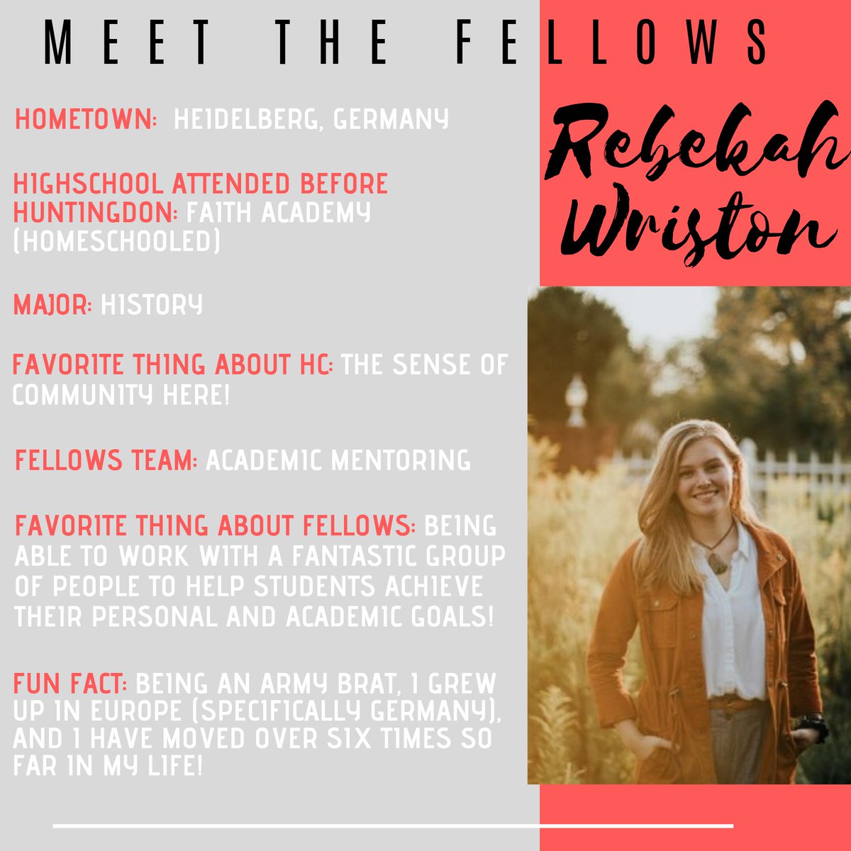 MEET THE FELLOWS|| Get to know more about your Huntingdon College Presidential Fellows! Today, we are highlighting Rebekah Wriston.