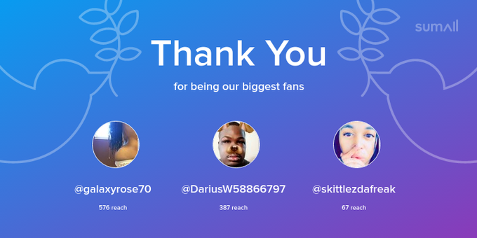 Our biggest fans this week: galaxyrose70, DariusW58866797, skittlezdafreak. Thank you! via https://t