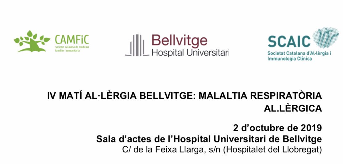 Avui es celebra #matialergiabellvitge19 amb el tema #al·lèrgia respiratòria Jornada conjunta amb la <a href="/CAMFiC/">🌳CAMFiC</a> <a href="/ramcat61/">Ramon Lleonart</a> <a href="/t_dordal/">Teresa Dordal</a> <a href="/hbellvitge/">Hospital Universitari Bellvitge | HUB</a>