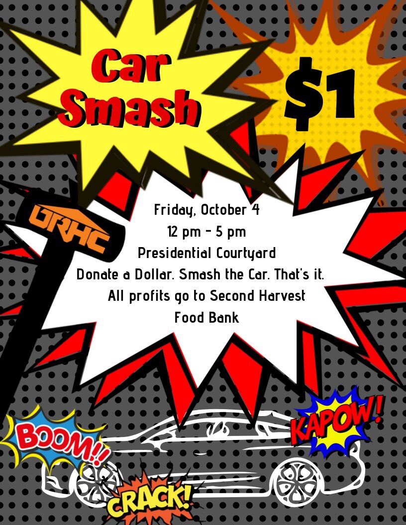 🚗 + 🔨 = $1 well spent, so make sure you participate in the car smash this Friday in Pres Court!