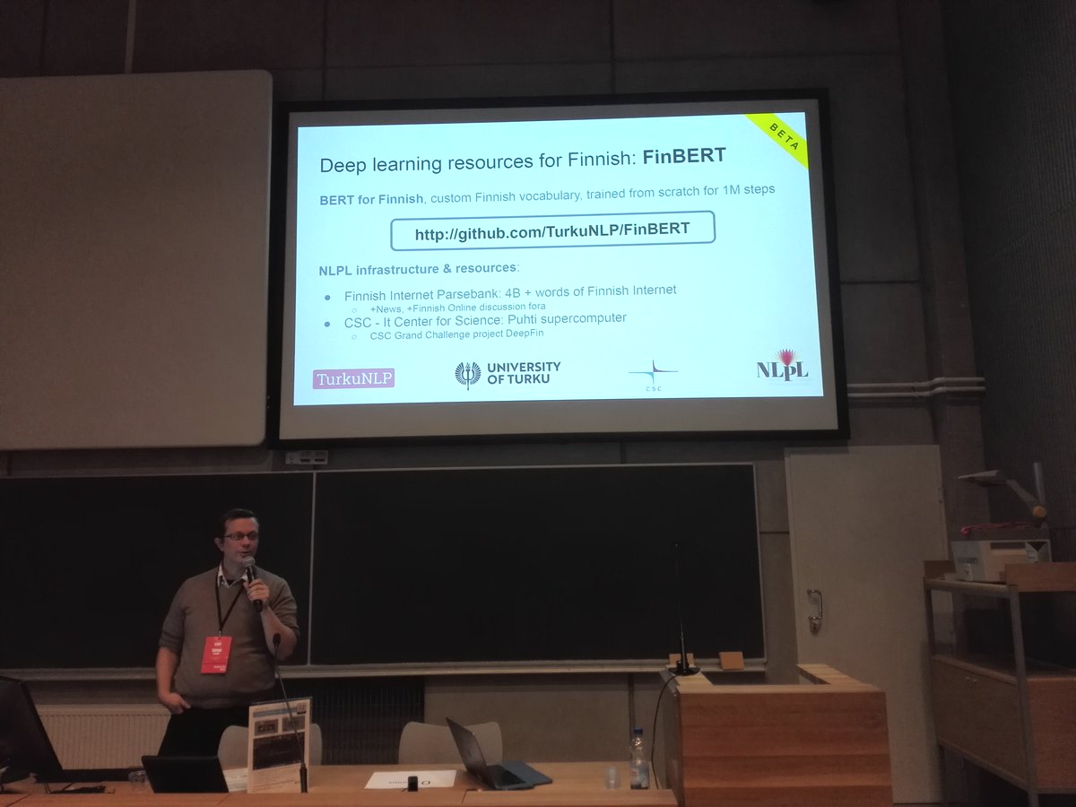 NoDaLiDa's tweet photo. Dr. Sampo Pyysalo from #TurkuNLP group announces FinBERT, a dedicated BERT model for Finnish, 

The NLPL Deep Learning for NLP workshop, #NoDaLiDa2019 #nodalida

#FinBERT #nlp #NLProc #deeplearning #ml https://t.co/xF0L1zFUfR