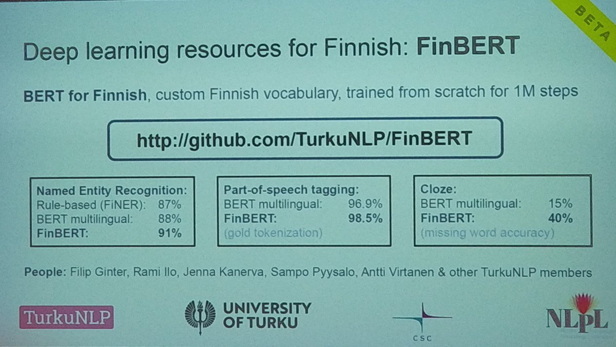 Helsinki_Int's tweet photo. Cool! BERT for Finnish available (beta) by #TurkuNLP @UniTurku @CSCfi #NLPL #FinBERT #NoDaLiDa2019 @NoDaLiDa #DeepLearning https://t.co/Jfy8VZy7cU