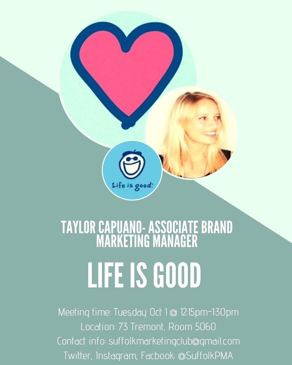 amasuffolk's tweet photo. Join us tomorrow for our 2nd event of the semester! This week we welcome Taylor Capuano from @Lifeisgood https://t.co/ajif6TaYTw