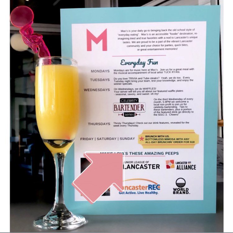 Just in: $18 Bottomless Mimosas with any “All-Day Brunchin” order Friday, Saturday, and Sunday! 🥂 #LancasterPA #Brunch #Mimosa #MaxsEatery