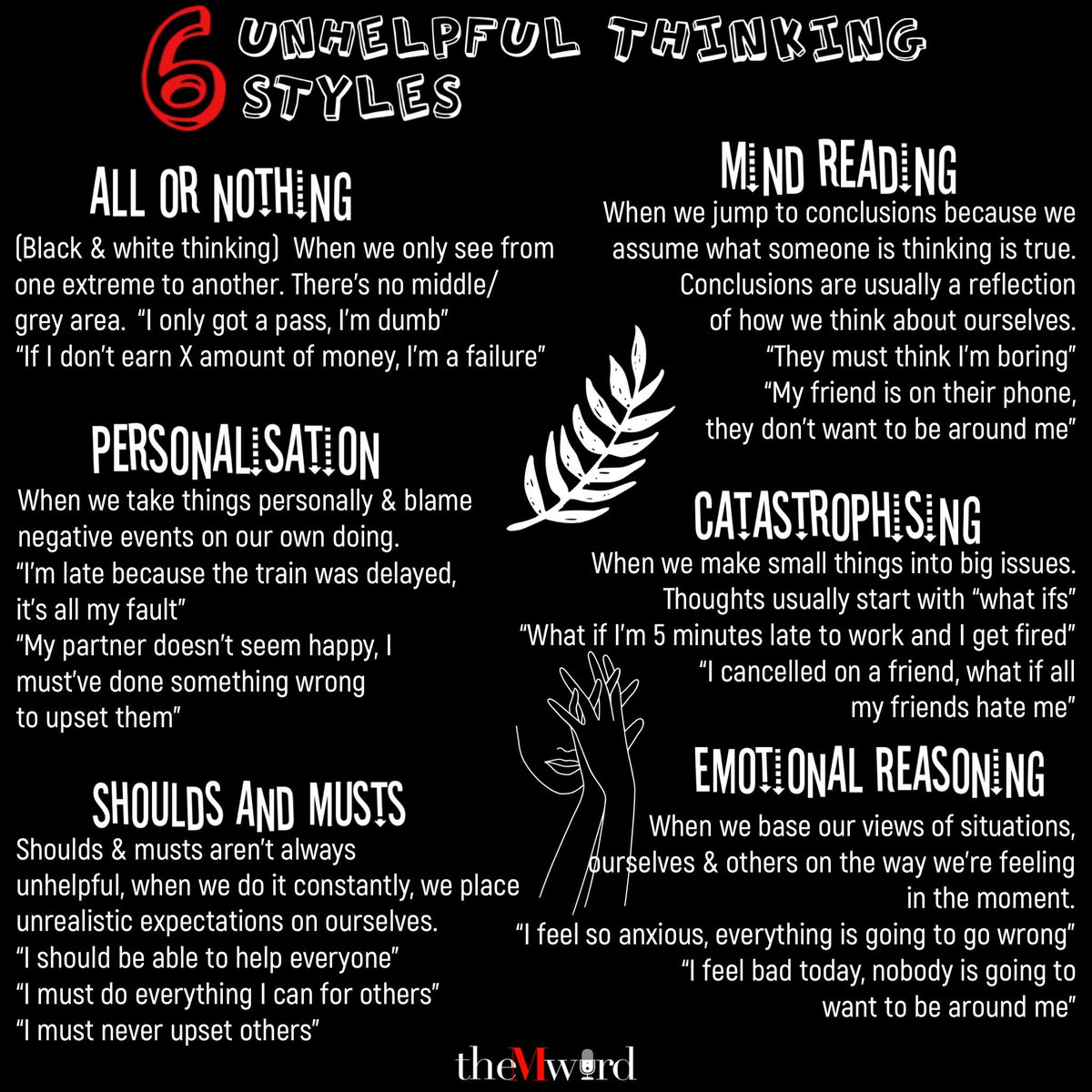 themwordpod_'s tweet image. DAY 6 IN THE COUNT 🤙🏽 here’s some unhelpful thinking styles, read and relate then change somethingggggggg #themwordpodcast #mentalhealth #unhelpfulthinkingstyles #serioustopics #casualconvo