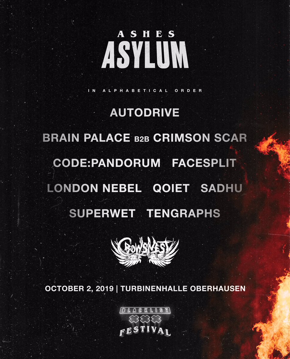 A S H E S  A S Y L U M 💣 The popular label Crowsnest Audio is gonna take you to the darkest and hardest corners of our beloved bass music. 😈 Look forward to @CodePandorum <a href="/AFacesplit/">Adrian Facesplit</a> <a href="/LondonNebel/">London Nebel</a> @tooQoiet <a href="/sadhutheking/">actually sadhu</a> <a href="/TenGraphs/">FAREWELL</a> and more..