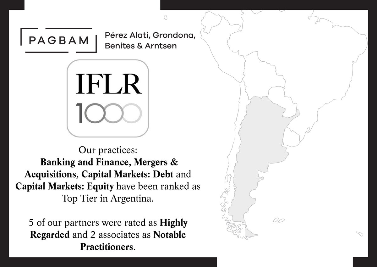 PAGBAM_Abogados's tweet photo. Our financial team was ranked by @IFLR1000 as Top Tier!
Congrats to Alan Arntsen, Santiago Daireaux, Mariano Grondona, Jorge Pérez Alati and Diego Serrano Redonnet, for being #HighlyRegarded lawyers; and Danilo Parodi Logioco and Tomás Fernandez Madero as #NotablePractitioners https://t.co/VyQ957qKDI