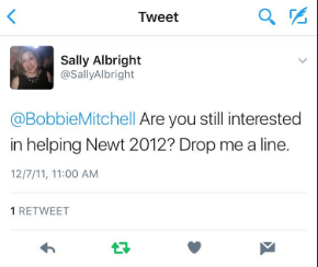 11. Sally Albright also worked for Newt Gingrich, she joined him in his campaign to become the Republican nominee in 2012 to defeat President Obama. This was at a time when Newt would endlessly attack Obama in the press with racist epithets like the “food-stamp president”.
