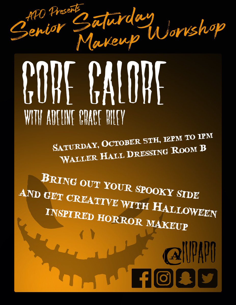 iupapo's tweet photo. Who’s ready for a double #SeniorSaturday 😋🎃
#iupapo #dontstressimprovise #goregalore #improvworkshop #makeupworkshop #improv #makeup https://t.co/ke4zmqwNdw