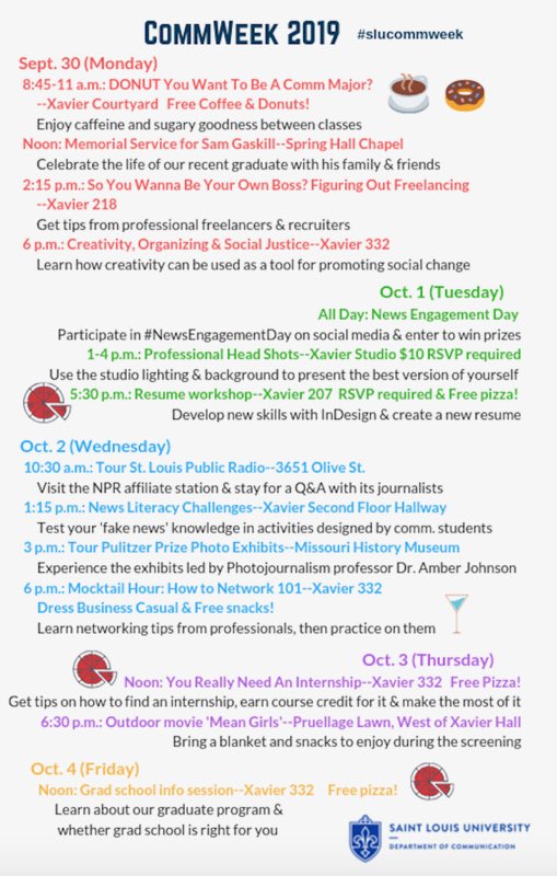 katepayneslu's tweet photo. Happy Comm Week, Billikens! Pro tip: don’t miss the networking event on Wednesday evening! #slucommweek https://t.co/D6G5NdS9Fz