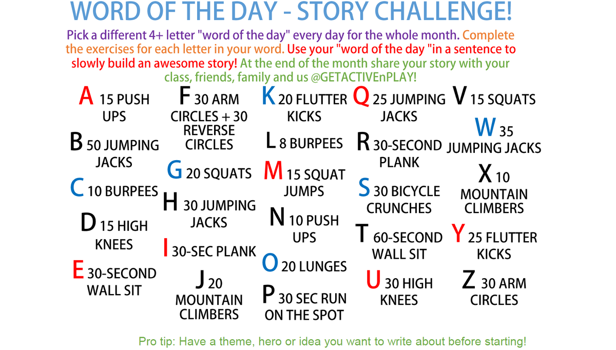 GetActiveNPlay's tweet photo. October starts tomorrow! Print this out and start your day with the word of the day story challenge. Octobers theme is SPOOKY πΉππ»and CATS π±π―π¦ #physed #pe #physicalactivity #pegeeks #schoolsport #health #pematters #physicalliteracycanada #WordOfTheDay #GETACTIVEnPLAY https://t.co/dbqewHGkSd