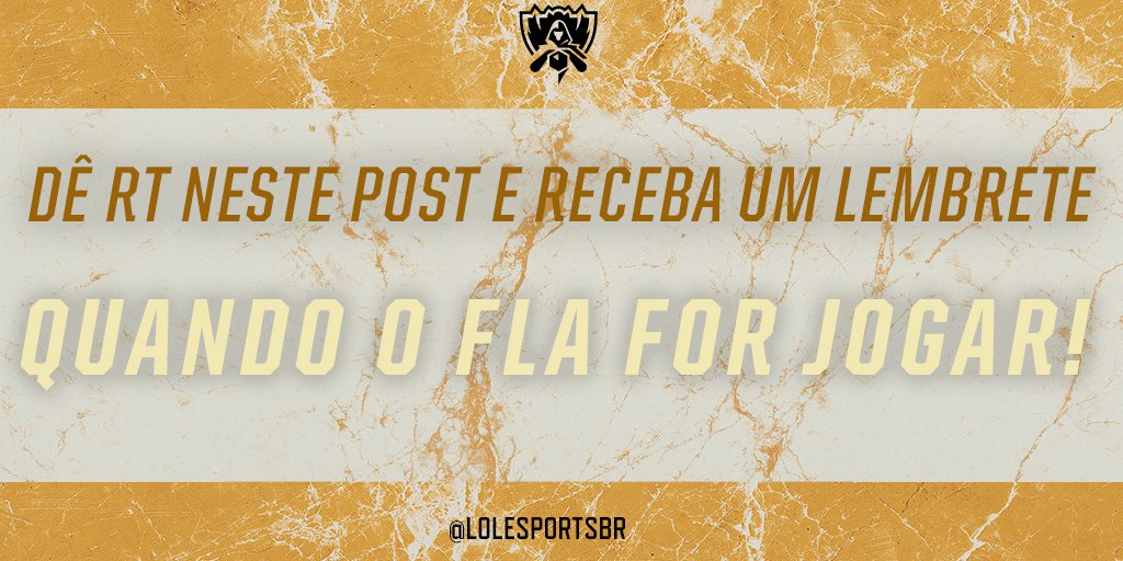 CBLOL's tweet image. ⚠️ ATENÇÃO, FÃS DOS ESPORTS! ⚠️
Esse tweet é pra você ser avisado sobre o 1º jogo do @flaesports no #Worlds2019!

🗓️ Jogo de estreia: 03/10, terceiro jogo!
 
🔁 Dê um RT neste post para receber um lembrete assim que a transmissão começar!