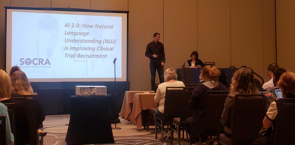 I spoke in front of an eager crowd at #SOCRA2019 this weekend about how AI is improving clinical trial recruitment. <a href="/SOCRAnow/">SOCRA</a> is a great place to talk about these exciting advancements because CRAs know firsthand how difficult it is to find matching patients for trials.