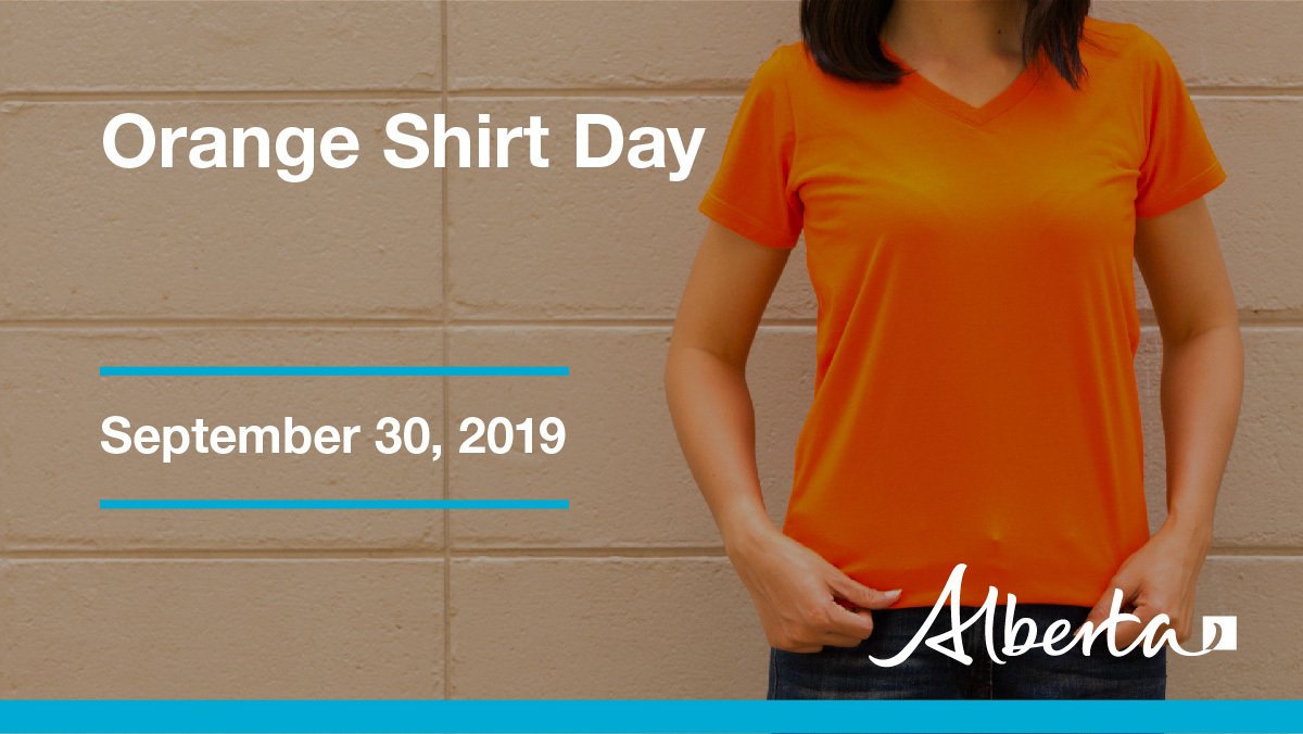 AlbertaEd's tweet photo. Orange Shirt Day raises awareness about the Residential School System and its impacts on Indigenous peoples and communities across Canada. #OrangeShirtDay #OrangeShirtDay2019 #EveryChildMatters #ableg #abed https://t.co/7NMs5s8auS