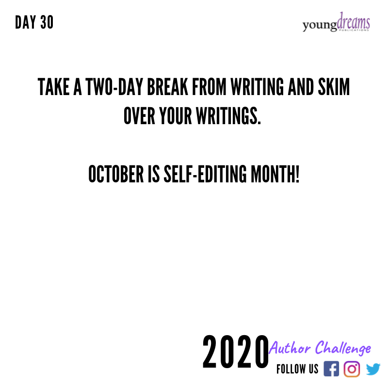 youngdreamsbig's tweet photo. Wow! We made it through the first 30 days!!! I'm so excited. I hope you all got some writing done. We're going to take 2 days to go over what we've written and then on October 2, 2019 we're going to start 30 days of self-editing tips. #amwriting #writemotivation https://t.co/FPWLn2POxS