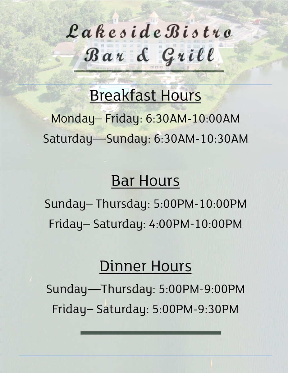 Starting October 1, 2019 The Lakeside Bistro has new hour!! 
Stop in and say hi! and enjoy our amazing chef's culinary treats! 
#HIWGV #LakesideBistro