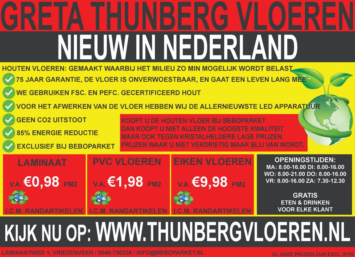 Bebo Parket helpt Greta Thunberg ook een handje mee om door middel van op een milieuvriendelijke manier houten vloeren te behandelen en kunststof vloeren weer herbruikbaar te maken! 🤩
kijk nu op: thunbergvloeren.nl
#greenpeace #GretaThunberg #DonaldTrump #milieuvriendelijk