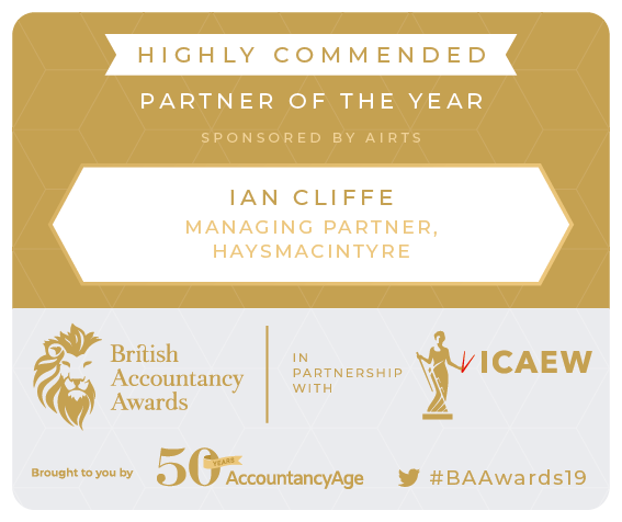 haysmacPIMBs's tweet photo. We are delighted to share that Ian Cliffe, Partner, was highly commended in the Partner of the Year category at the @AccountancyAge British Accountancy Awards last week. Congratulations Ian! #BAAwards19 https://t.co/zoKbKfTO9a