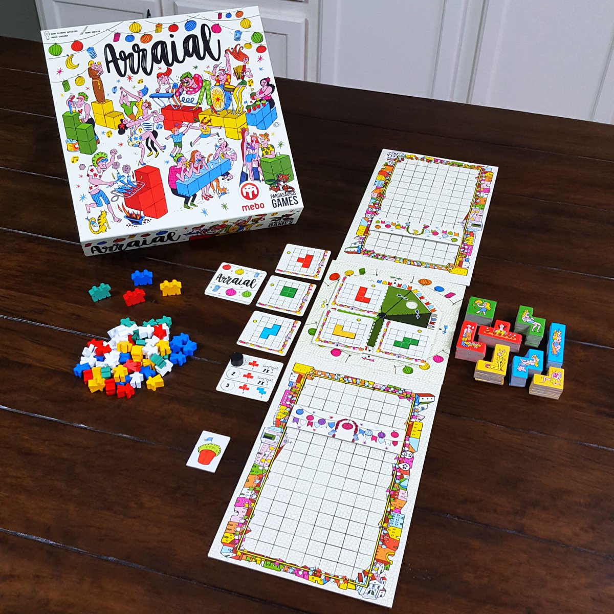 WCGamesMN's tweet photo. Arraial: https://t.co/kvWyHq23xY 1-4 player tile/worker placement w/Portuguese celebration. Tetris feel...pieces can't be flipped. Combine colors, gain visitor. Largest continuous color gets dual visitor. Top points after round 3 wins! Fun! @Pandasaurusgame #whitecabinetgames https://t.co/Vdcmk3bbpq