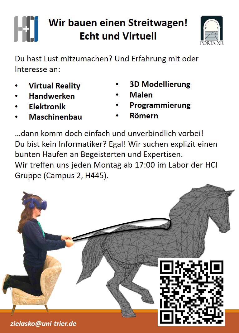 HciTrier's tweet photo. A new project @HciTrier! Navigation is key for successful VR. Thanks to Daniel Zielasko, we are looking into a very roman way to navigate in VR by building a physical replica of a chariot. Curious? Come over and participate, each Monday 5 pm, room H445 @TrierUni https://t.co/cuGM9SbXiO
