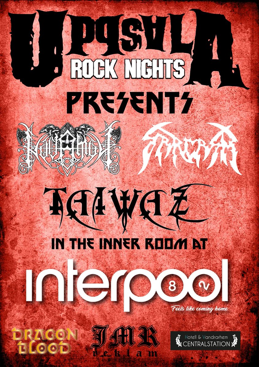 På lördag smäller det!
Dörrarna öppnas 19.00
Mat serveras från 19.30
Första bandet på scen kl 21.00
60 kr inträde plus 20 kr för garderob
#uppsalarocknights #interpool #sarcasm #havamal #taiwaz #dragonblood #jmrreklam #hotellochvandrarhemcentralstation