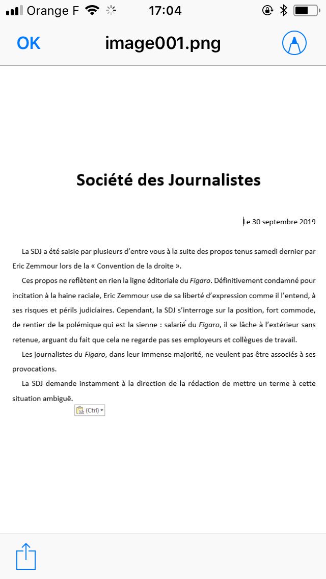 Société des journalistes du Figaro (@sdjdufigaro) on Twitter photo Communiqué de la <a href="/SDJduFigaro/">Société des journalistes du Figaro</a> sur Eric Zemmour
"(...) Les journalistes du Figaro, dans leur immense majorité, ne veulent pas être associés à ses provocations.
La SDJ demande instamment à la direction de la rédaction de mettre un terme à cette situation ambiguë." Communiqué de la <a href="/SDJduFigaro/">Société des journalistes du Figaro</a> sur Eric Zemmour
"(...) Les journalistes du Figaro, dans leur immense majorité, ne veulent pas être associés à ses provocations.
La SDJ demande instamment à la direction de la rédaction de mettre un terme à cette situation ambiguë."