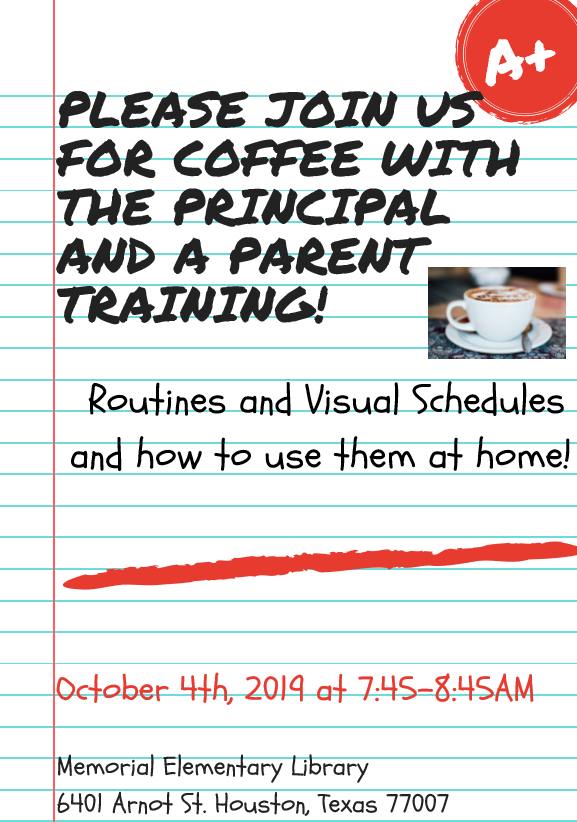 mtgarcia2010's tweet photo. Workshop this Friday from 7:45 to 8:45 on how to use routines and visual schedules @HISDFACE @TeamHISD @mtgarcia2010 @marisa_elam @A_Stevenson3 @quel_joel @csanche9kinder @pto_memorial https://t.co/MDj7Wu7prZ
