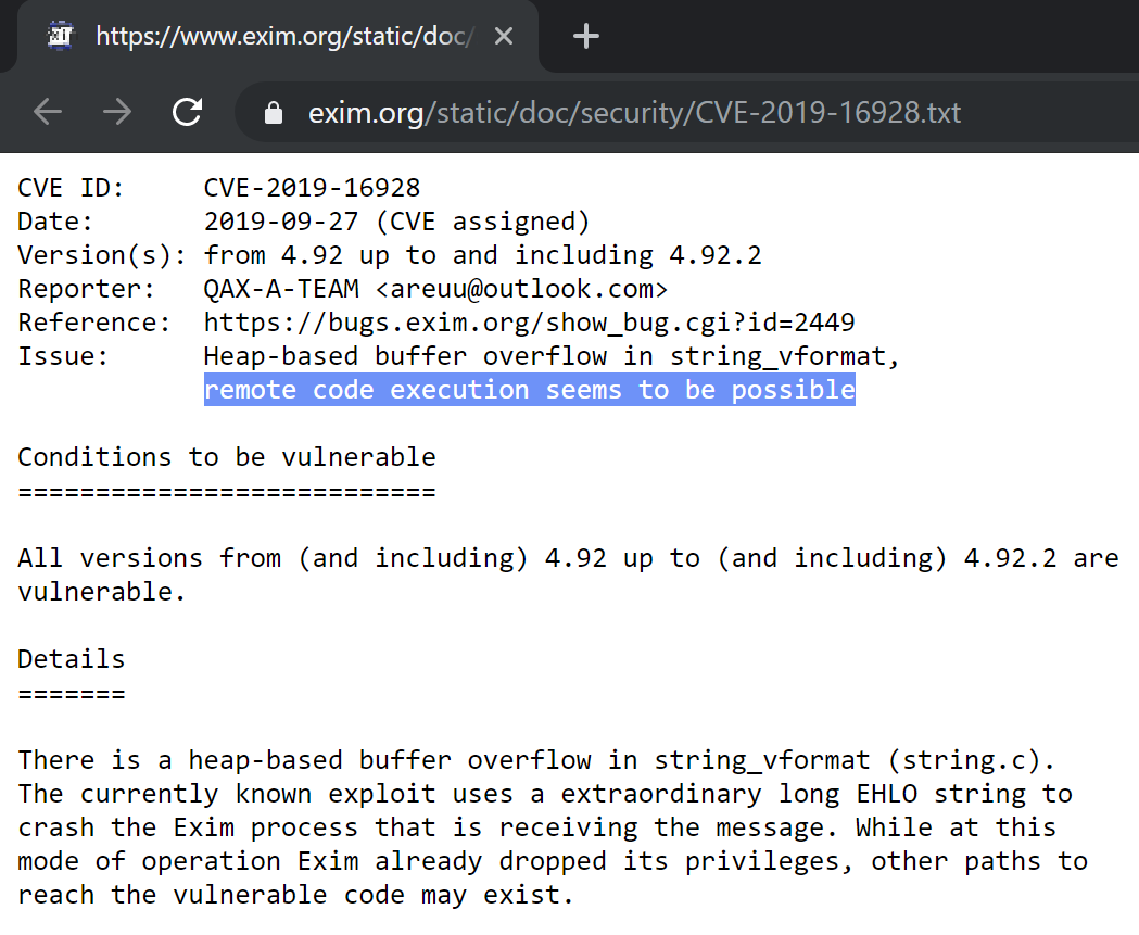 TheHackersNews's tweet photo. According to an official security advisory, the latest Exim the flaw (CVE-2019-16928) could potentially allow remote attackers to execute arbitrary code (RCE) on the vulnerable servers.

Read more: https://t.co/wVXyPhAs12

#infosec #cybersecurity https://t.co/Sru5lLucvP