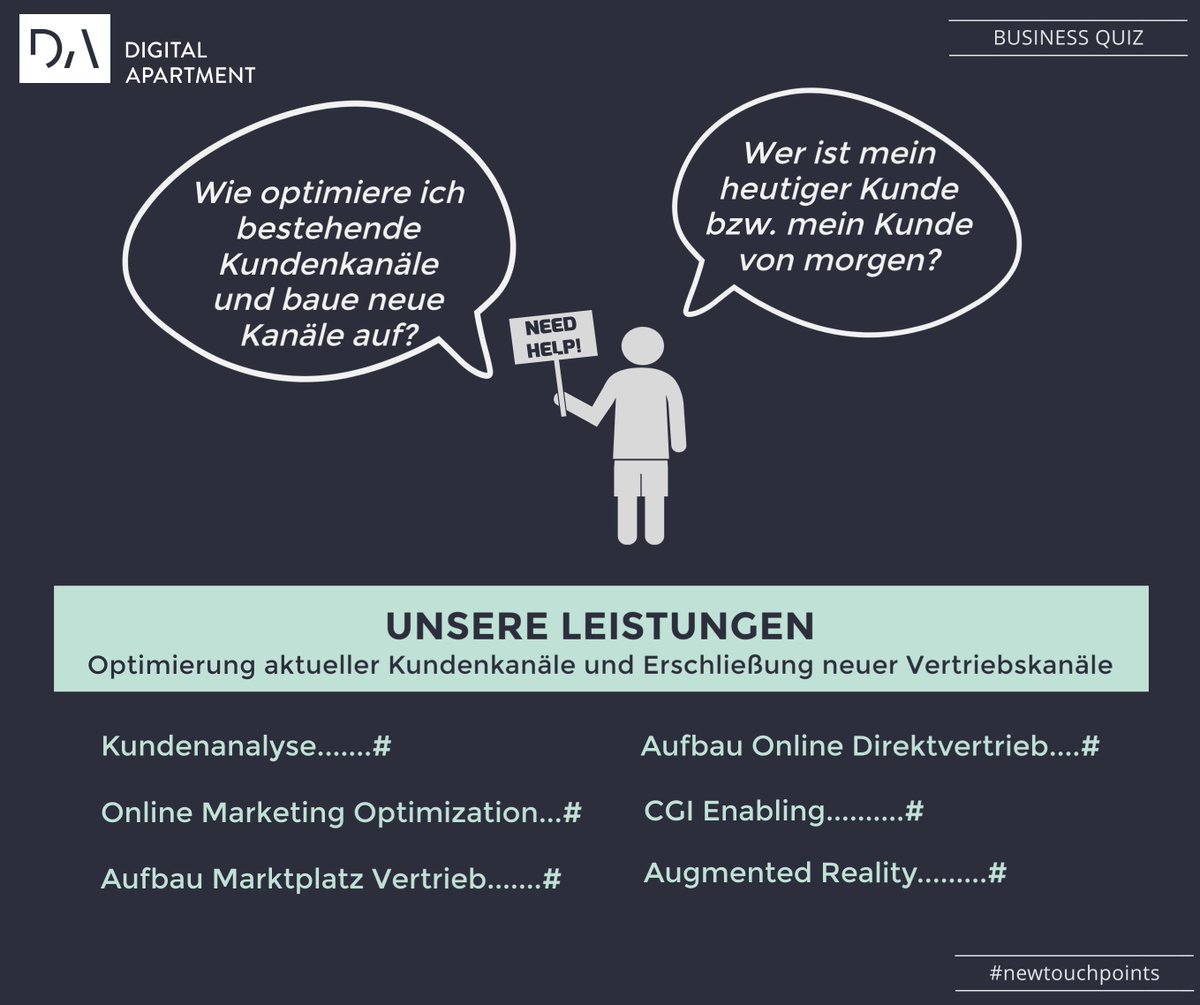 +++ UNSER BUSINESS QUIZ +++ 

Habt ihr ähnliche Fragen, die euch beschäftigen? 
Schreibt sie uns in die Kommentare! 🤓

#digitalapartment #newtouchpoints #customerchallenge #digitalthoughtleaders #home #living #homeandliving #geschäftsmodelle #digital #leistungen #CGI