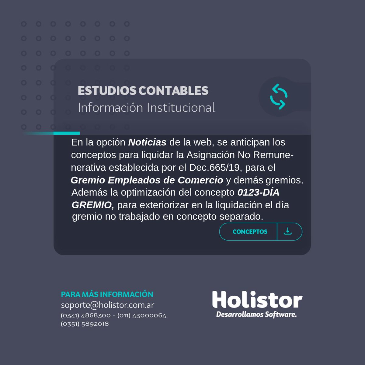 Holistor's tweet photo. #Holistor Informa
• Para descargar los conceptos, y ver el detalle de los pasos a seguir para su importación en el sistema, simplemente logueate en nuestra web y hace click en tu suscripción ubicada en la parte izquierda de la pantalla y luego ingresá en la opción 📓 Noticias https://t.co/n0KTPzzFrF