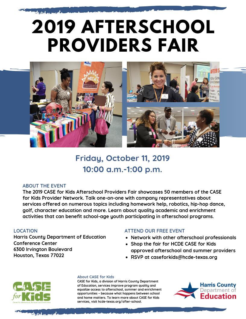 HCDE_CASE's tweet photo. Ever wonder what it takes to get involved with CASE? Come find out at the CASE for Kids 2019 Provider fair! Visit https://t.co/2Z5NvQhf9e for more information! #MakingAfterschoolCool #CASEProvidersFair https://t.co/TFh98bipNm