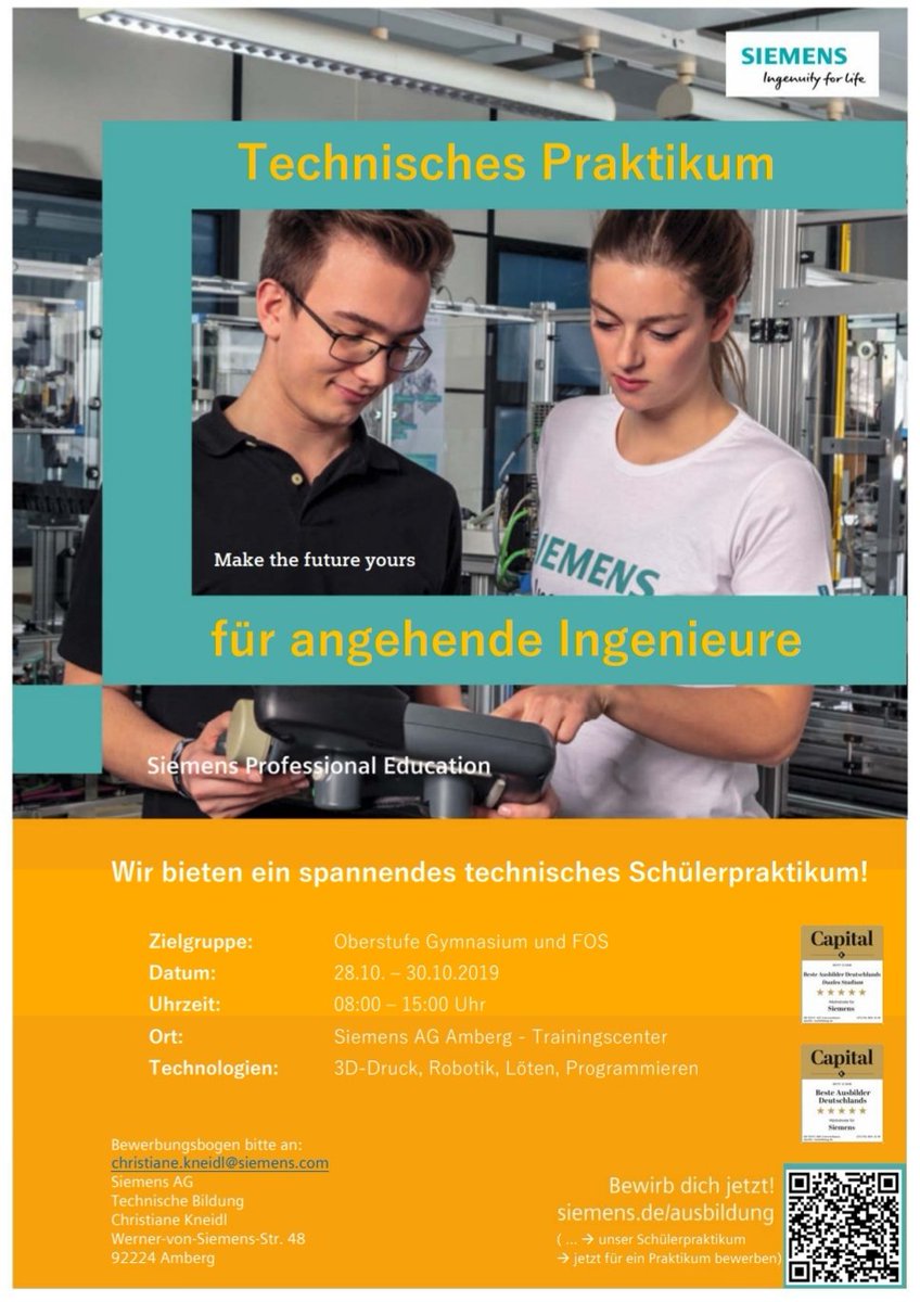 Neues Schüler-Praktikum in #Amberg 🆕️
Es sind noch Plätze frei, jetzt bewerben unter siemens.de/ausbildung 👩🏼‍💻👨🏾‍💻
Spannende Themen, u.a. 
#3Dprinting
#Robotics
#programming 

Wir freuen uns auf neue #MINTfluencer 😎