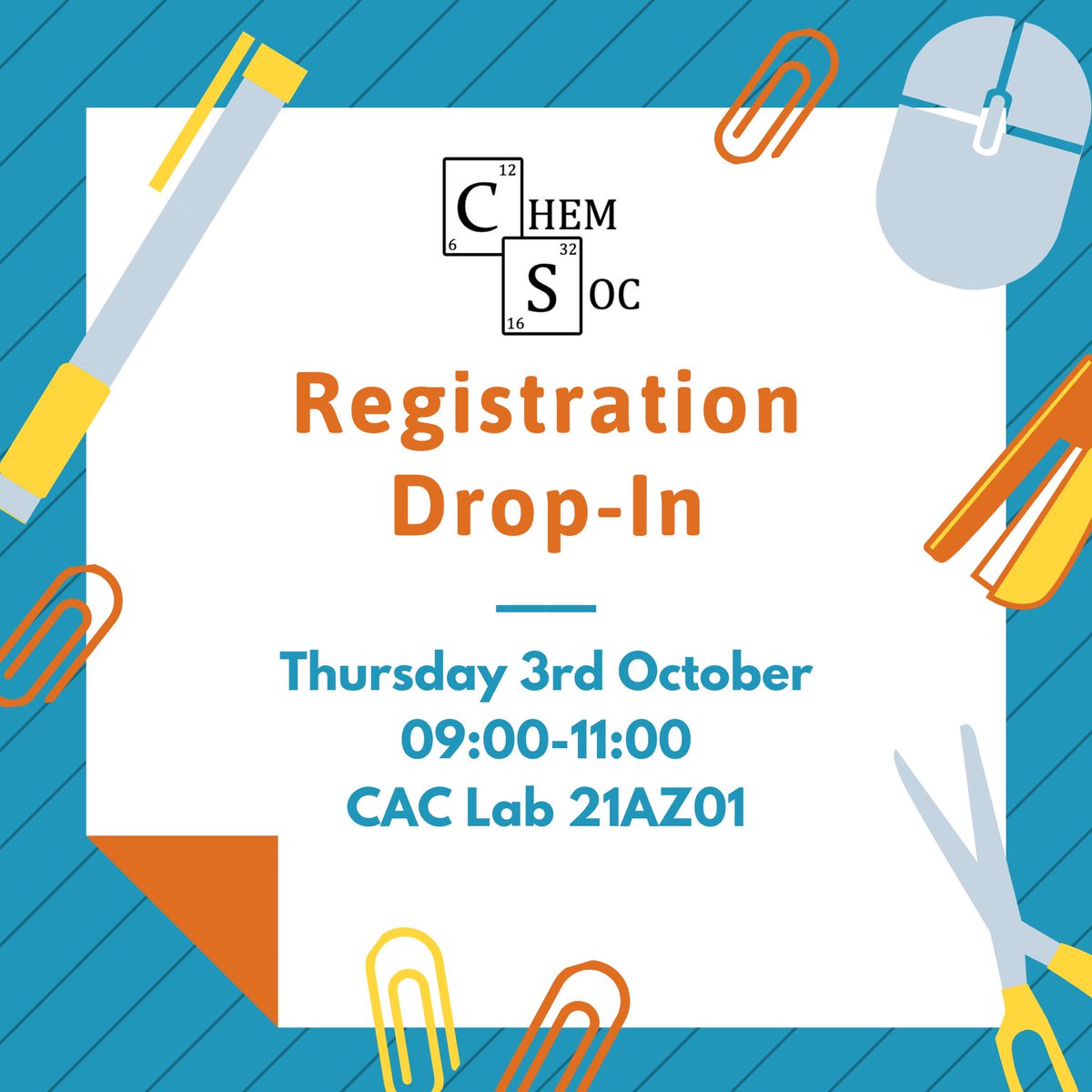 Pop in to our drop-in session this Thursday in the CAC lab and sign up to ChemSoc✏️
