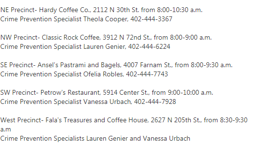 #OPD has #coffeewithacop coming up this Wednesday, October 2nd! Visit one of these locations for a cup of coffee and chat with officers who work in your area!
