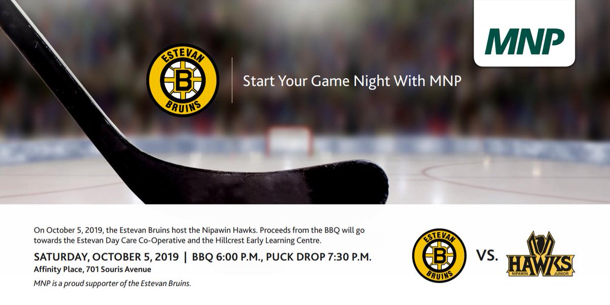 estevanbruins's tweet photo. We're already looking ahead to the weekend...BACK AT HOME! 😁

The Bruins play both Friday and Saturday at Affinity Place, including a pregame fundraising BBQ on Saturday night!

Thanks to our Game Sponsor: MNP for hosting the event! #YourCommunityTeam #SJHL https://t.co/2AdrRo3X0b