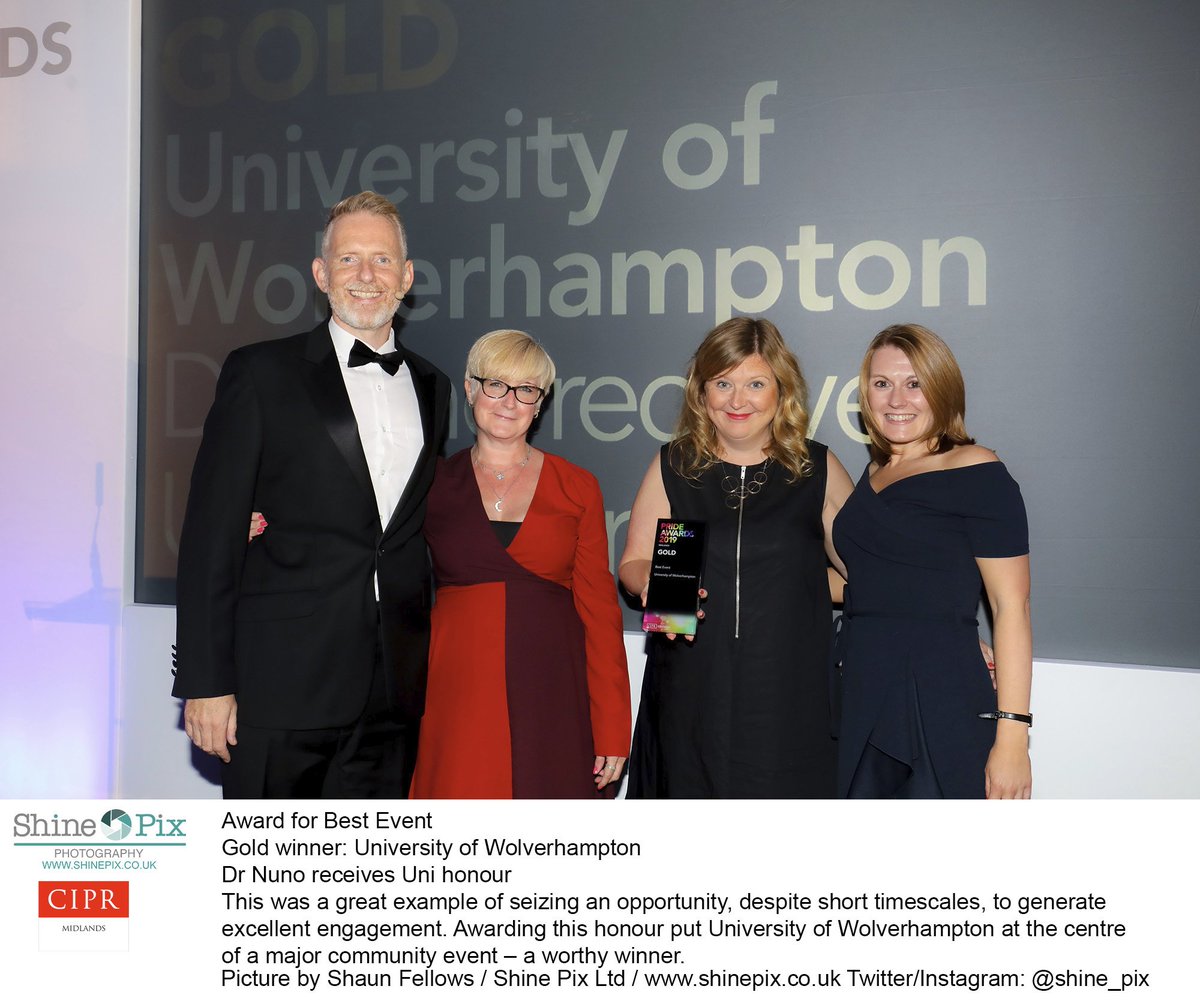 Shine_Pix's tweet photo. Congratulations to @wlv_uni @MagsWinthrop @VickieWarrenPR for the Gold award for Best Event Dr Nuno reveives Uni Honor at the @CIPR_Midlands @CIPR_Awards @CIPR_UK #PrideMID from the team at @Shine_Pix #cipr #award #pr #b2b #photographer #publicrelations #PRideMids #wolves #nuno https://t.co/rrvPzlhZay