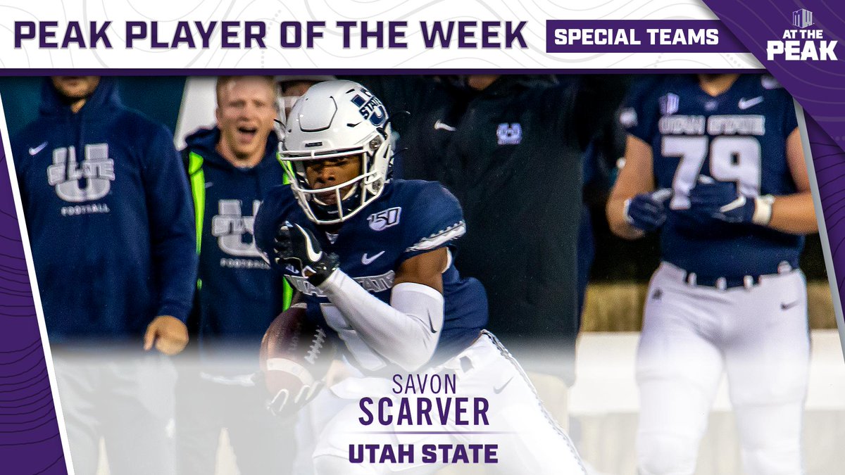 MountainWest's tweet photo. .@USUFootball's Savon Scarver (@Savon_Scarver) had a 💯 yard kickoff return -- tied for the longest in MW history -- making him this week's #MWFB Special Teams Peak Player of the Week!

#AggiesAllTheWay | #AtThePeak https://t.co/WVneWBhqiS