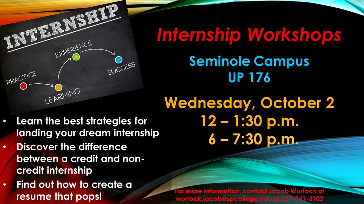 spcnews's tweet photo. Are you looking for an internship? What questions do you have? Join us at #SPCSeminole October 2 from 12 - 1:30 pm and 6 - 7:30 pm for resume help, interview strategies, and more! #CareerSPC #SPCIntern https://t.co/PsI1Is5loS