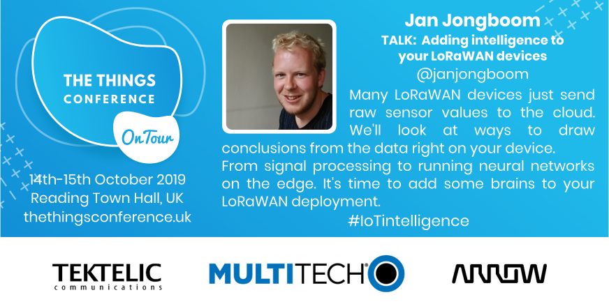 TTN_UK's tweet photo. #IoT and #neuralnetworks complement each other beautifully in this talk on #IoTintelligence by @janjongboom at The Things Conference UK.
Get your tickets: https://t.co/V3p4iLyTzq - we look forward to seeing you in Reading :-)
#lorawan #ttn #smartcities https://t.co/6S2X7jtTg6