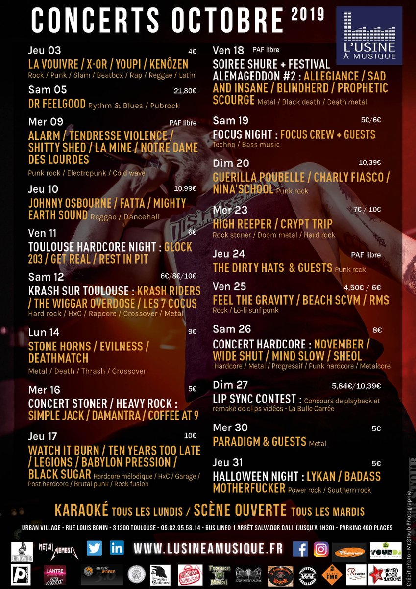 CONCERTS DU MOIS D'OCTOBRE ! 
18 nuits de concerts et plus de 50 groupes !
RDV à L'Usine à Musique !! :D 

#concert #musique #scèneémergente #karaoké #sorties #toulouse #metalcore #deathmetal #rock #punkrock #metal #punk #reggae #dub #Dancehall #scèneouverte #rock #hiphop